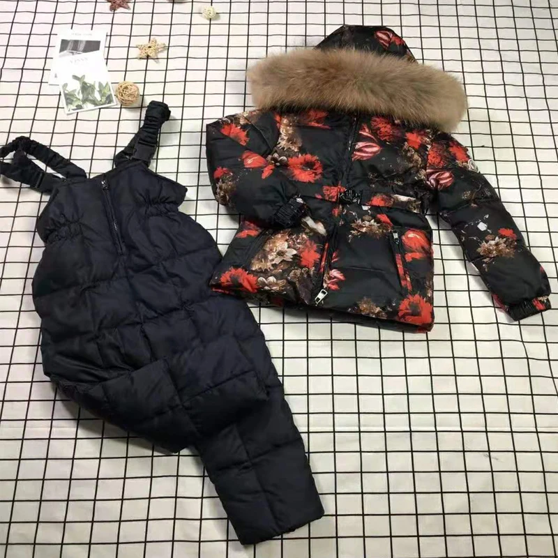 

Girls Ski Suit Winter Clothing Set Flowers Down Coat +Black Overalls Suits Snowsuit Toddler Children fit -30 Celsius