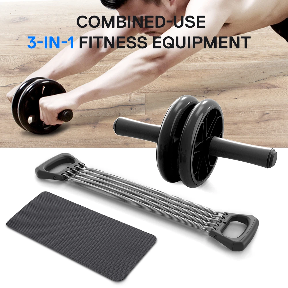 3-IN-1 Self-Assembly Chest Pull Exerciser Push-up Handles Belly Roller Wheels Arm Expander Pull Bar Weight Exerciser Equipment