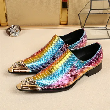

Italy Designer Luxury Multicolor Genuine Leather Men Shoes Metal Chains Pointed Toe Men Dress Shoes Wedding Party Brogue Shoes