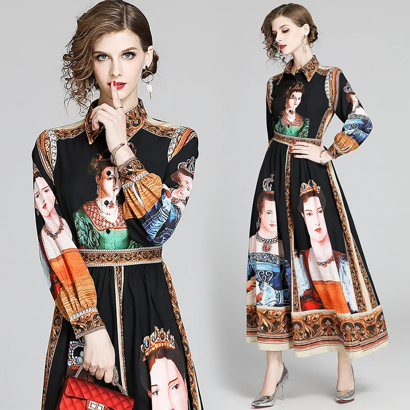 

Large Austrian WOMEN'S Dress Debutante Elegant Early Spring New Style Vintage Oil Painting Printed Slim Fit Slimming Elegant Dre