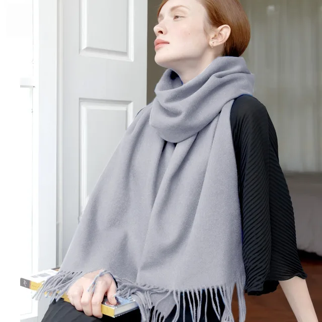 Light Gray Зимний женский шарф, шерсть, шарфы для взрослых, уникальный, однотонный, роскошный, осенний, толстый, теплый шарф, 200 см, шарфы-пончо для женщин, накидка - Цвет: Light Gray