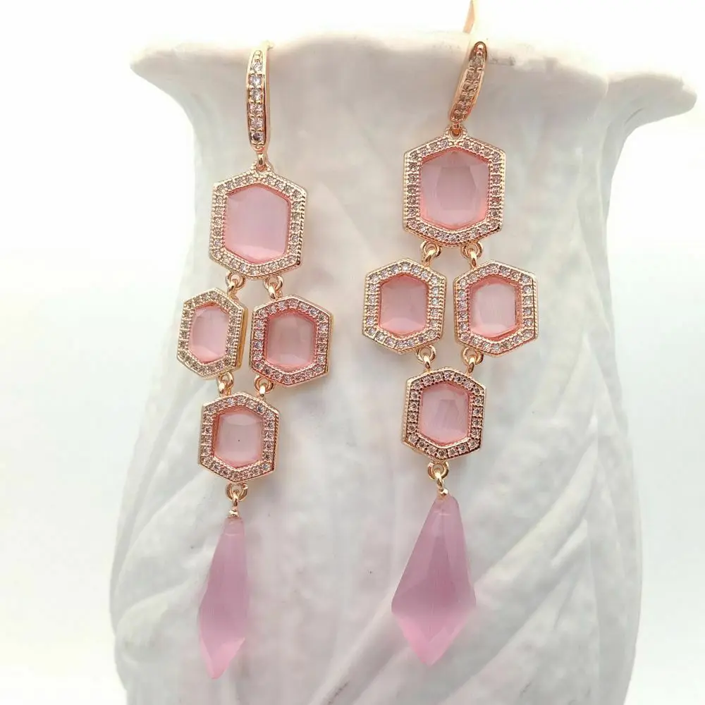 

Valentine's Day gift Golden Plated Pink Cat Eye Cz pave Hook Earrings