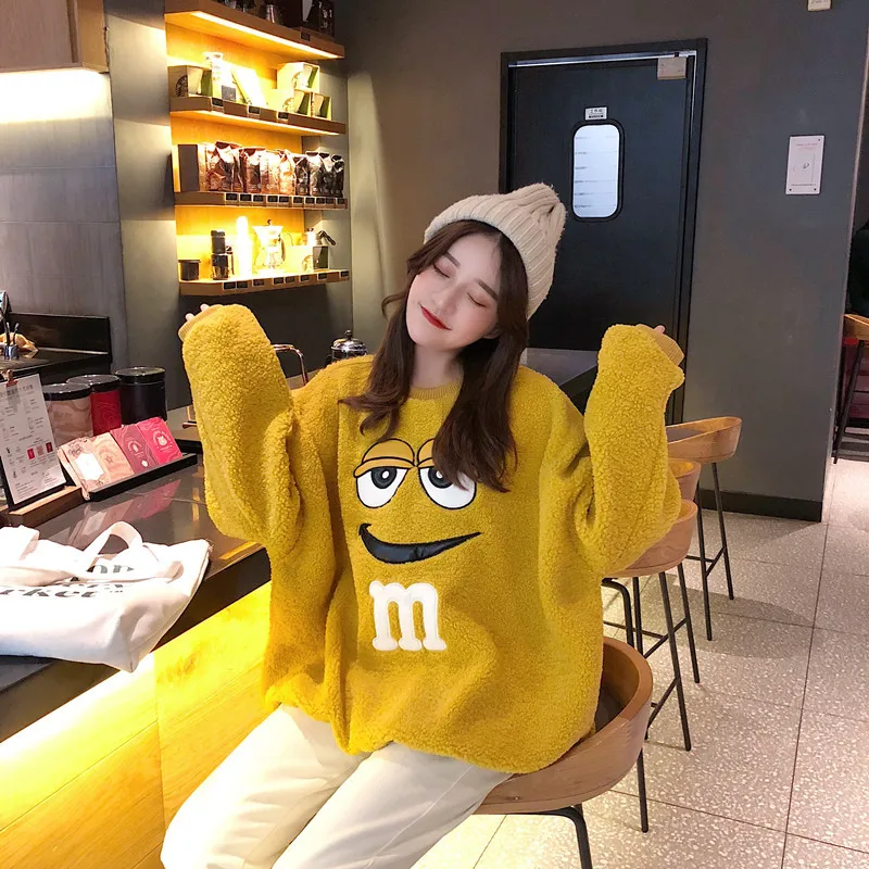 Cartoon Plush Hoodie New Style Women's Autumn And Winter Korean-style Loose-Fit Students Thick Embroidery Warm fang yang gao Swe