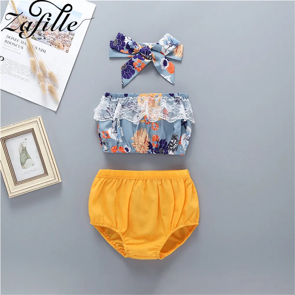 

ZAFILLE Newborn Infant 2Pcs Girls Clothing Toddler Printed Tube Top+Solid Shorts+Headband Outfits Girls Suit Summer Baby Girl