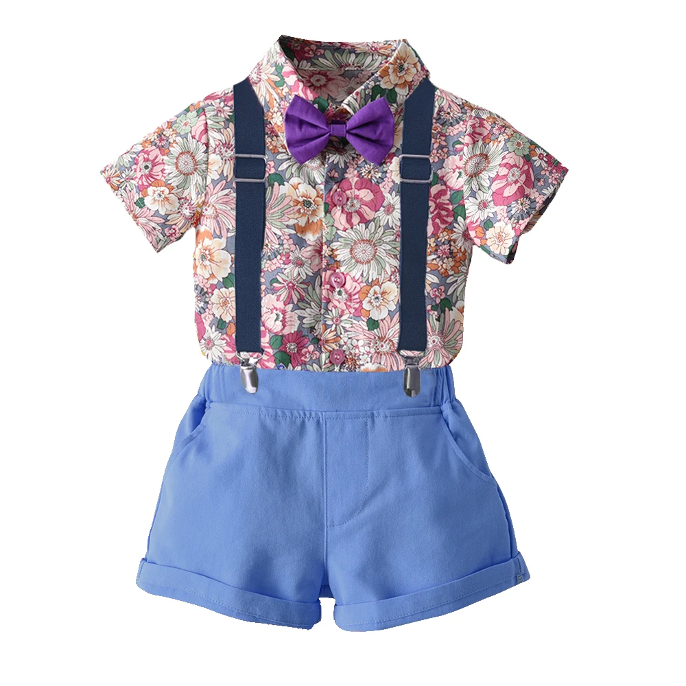

Tem Doger Fashion Kid Gentleman Suit Short Sleeve Bowtie Floral Shirt Top+Detachable Suspenders Shorts 2Pcs Formal Clothes Set