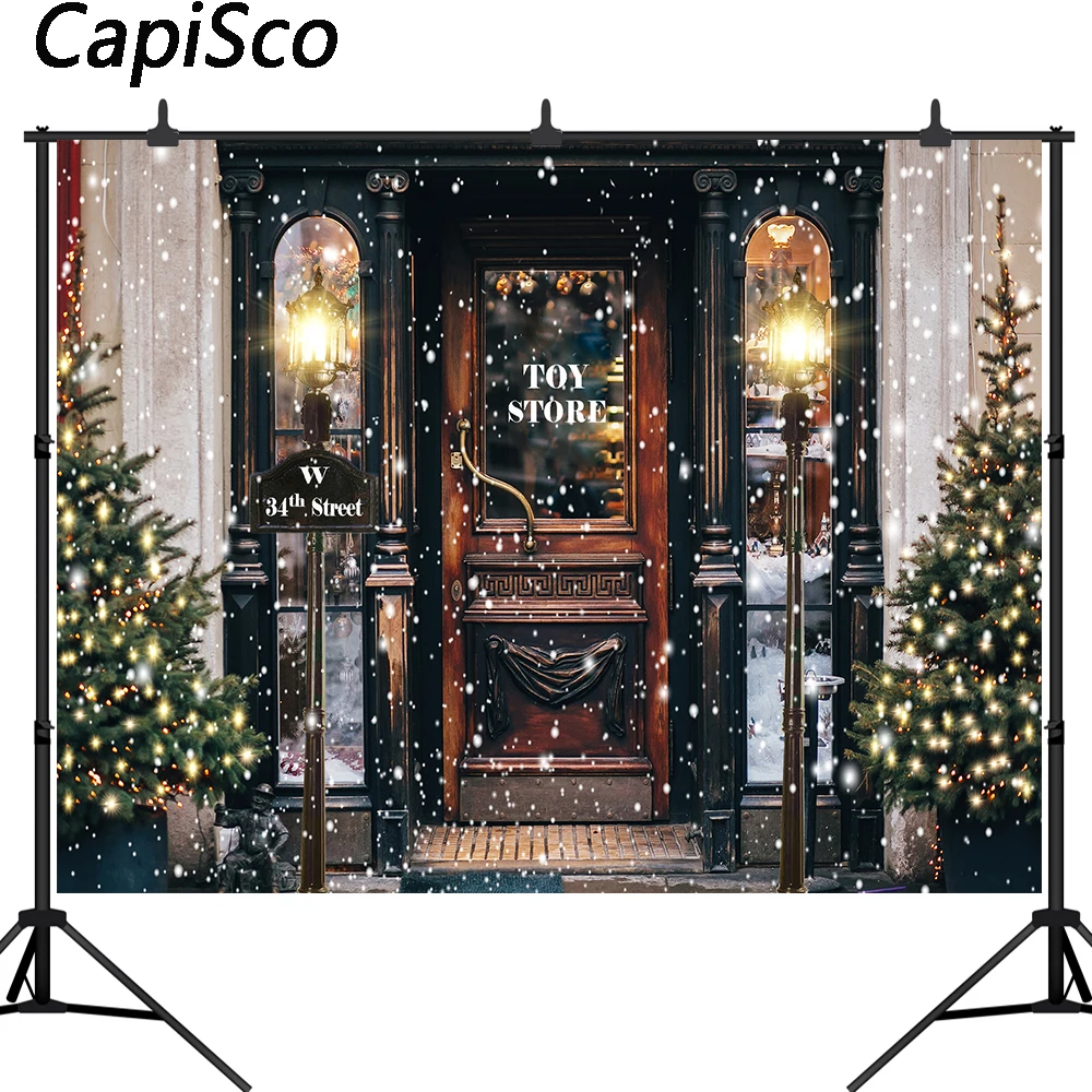 

Capisco Merry Christmas Photography Background Winter Snow Christmas Tree Toy Store Street for Children Backdrop Photo Studio