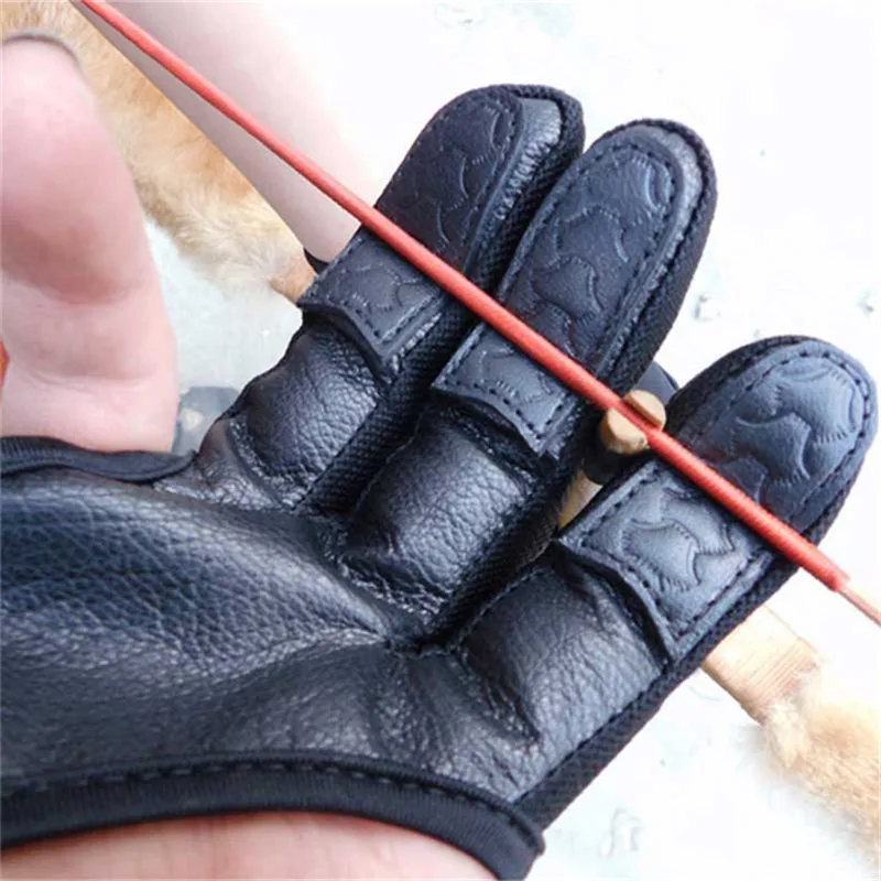 Billige 1PCArchery 3 Finger Handschuhe Leder in Schwarz Hohe Elastische Hand Schutz Handschuhe Schießen Jagd Zubehör