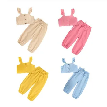 

2020 Toddler Baby Girl Clothes Sets 1-6Y Solid Ruffle Sleeveless Sling Crop Top T-shirt Long Pants Outfit Children Set 4 Colors