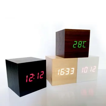 

New Multicolor LED Wooden Alarm Clock Watch Table Voice Control Digital Wood Electronic Desktop Clock USB/AAA Powered Clocks