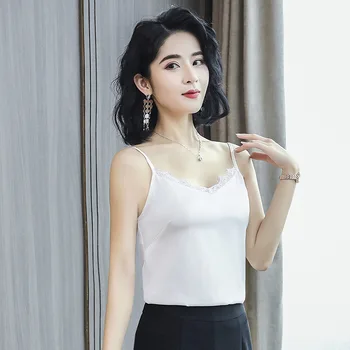 

8083 Sexy V Collar Silk Sling Female Summer Lace Small Vest Ice Silk Backing Shirt Big Code Silk Top