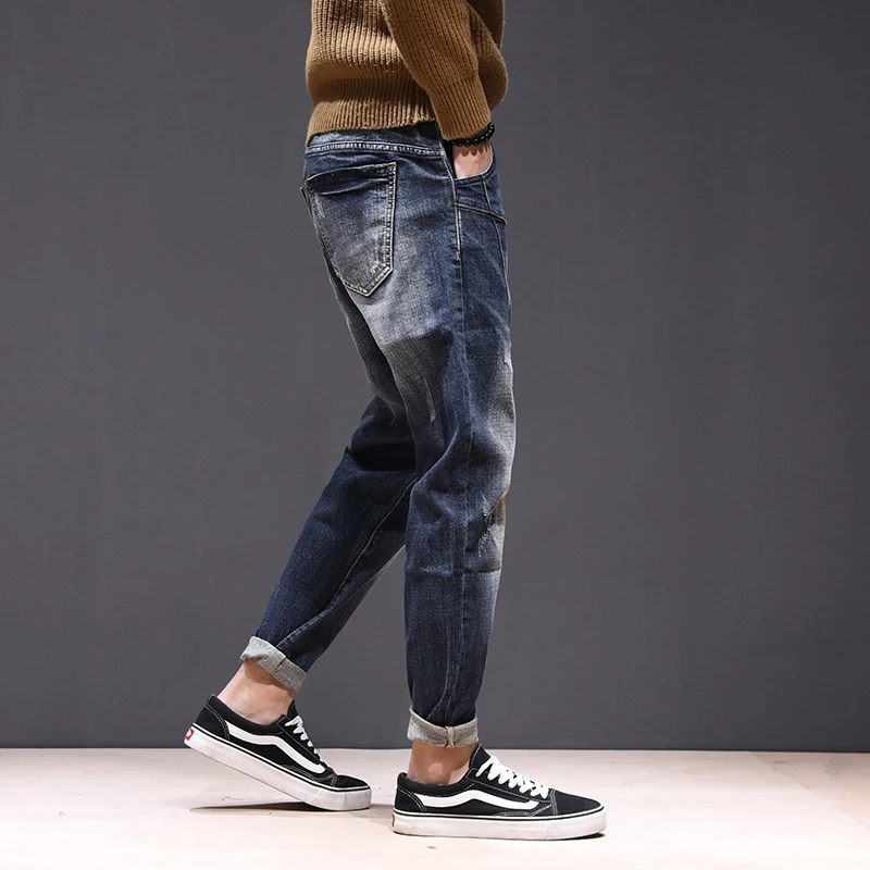Japanese Style Denim Stretch Elastic Waist Jeans Men Blue Cargo Drawstring Harem Jeans Homme Plus
