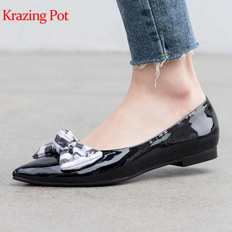 

Krazing Pot new microfiber patent leather natural skin low heels pointed toe European art designer preppy style Spring pumps L75
