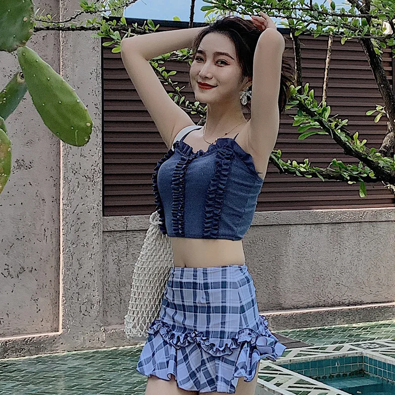 

New Style Blue Plaid Underwire Split Type Bikini Three-piece Set Bathing Suit Student Couples Swimwear MEN'S Beach Shorts