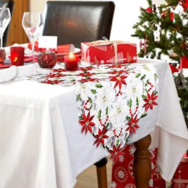Рождественская вышитая настольная дорожка роскошная Holly Poinsettia для