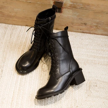 

Genuine Leather Boots Women Ankle Boots Square Heels Ladies Casual Shoes Woman Large Size 43