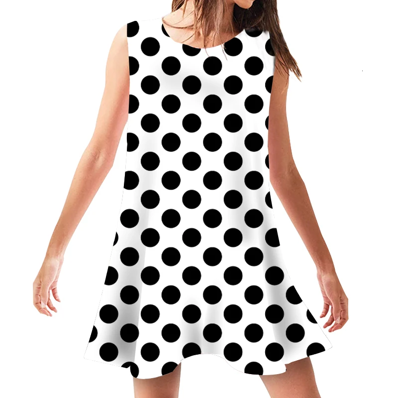 

Woman Dress Sexy Dot Print Beach Wear Casual Sleeveless Clothing Loose Swing Dresses O Neck Summer Sundress Sukienki 2019