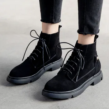 

Women's natural suede cow leather lace-up flats ankle boots leisure autumn martin boots high quality short booties comfort shoes