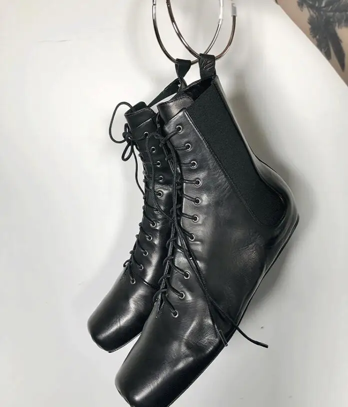 Mental Ring Women Ankle Boots Fashion Square Toe Lace Up Women Genuine Leather Shoes For Winter Boots Shoes Causal Shoes Woman