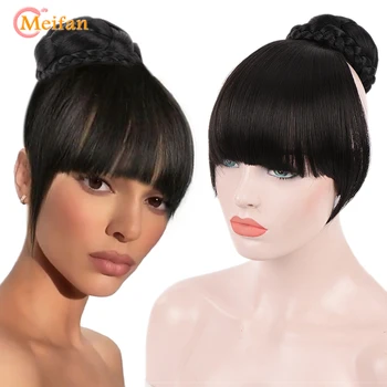 

MEIFAN Retro Chignon with Bangs Clip on Hair Extension Synthetic Natural Fake Hair Bun Hairpiece For Women Updo Hair Tail