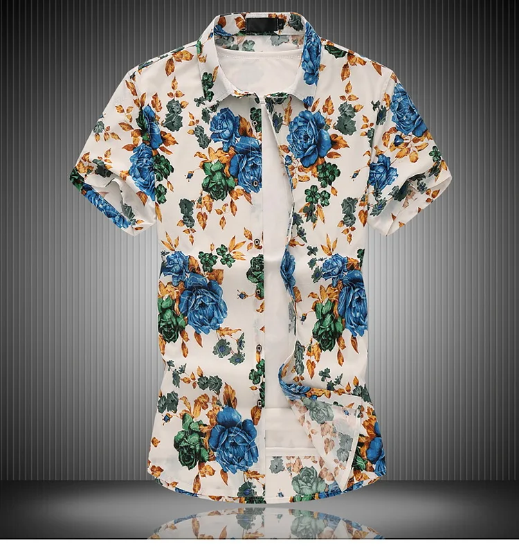 7022 BLUE Новинка, летние мужские пляжные шелковые рубашки с коротким рукавом, повседневные рубашки с цветочным принтом размера плюс M-3XL 5XL 6XL 7XL, модная мужская одежда - Цвет: 7022 BLUE