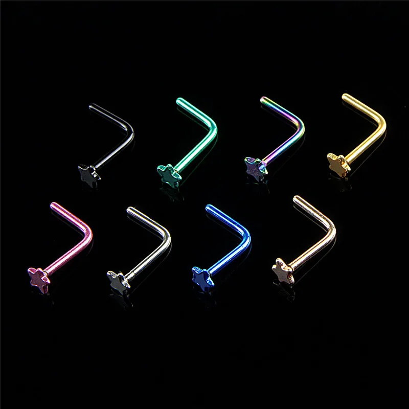 Hot 8Pcs Surgical Steel Heart Nose Screw Ring Stud L Shape Nose Bone Retainer Holder Piercing Body Jewelry Multicolor