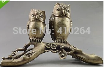 

Collectible Decorate Old Handwork Tibet Silver Carve Pair Owl On Tree Big Statue