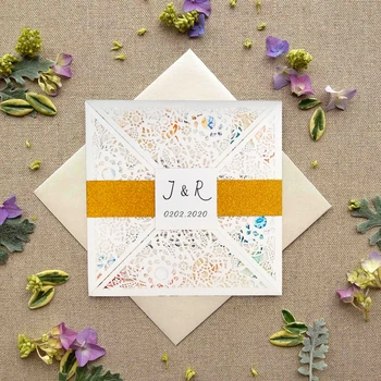 

50 Packs Rustic Gold Decoration White Laser Cut Wedding Invitations Personalized with Envelopes DIY Print Cards Party Birthday I
