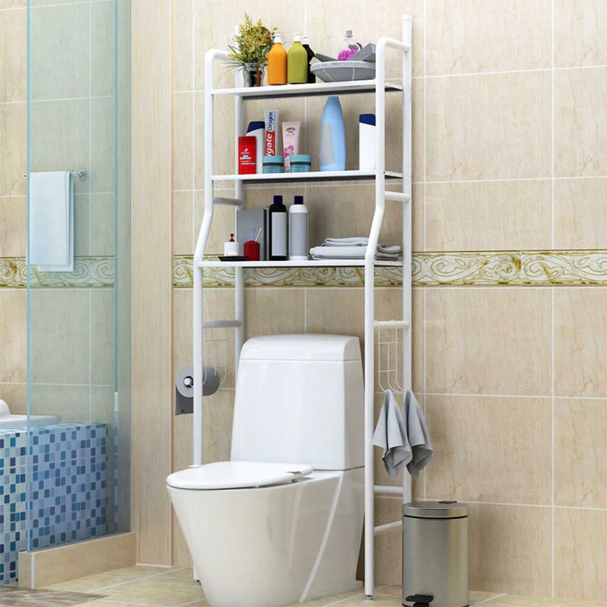  Bathroom Storage Shelf Over Toilet With Roll Holder and Hooks Kitchen Washing Machine Rack Bathroom - 4000293223419