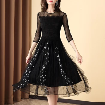 

Plus Size Dress Spring Summer Women Round Neck Three Quarter Sleeve Stretch Miyake Pleated Slim Mesh Big Swing Dress Female