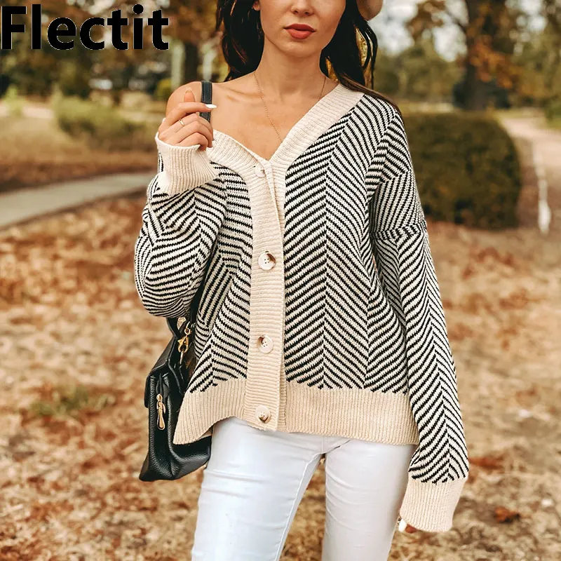 

Flectit Casual Knitted Cardigan Oversize Button Front Contrast Stripe Cardigan Autumn Winter Women Sweater Feminino Tops *