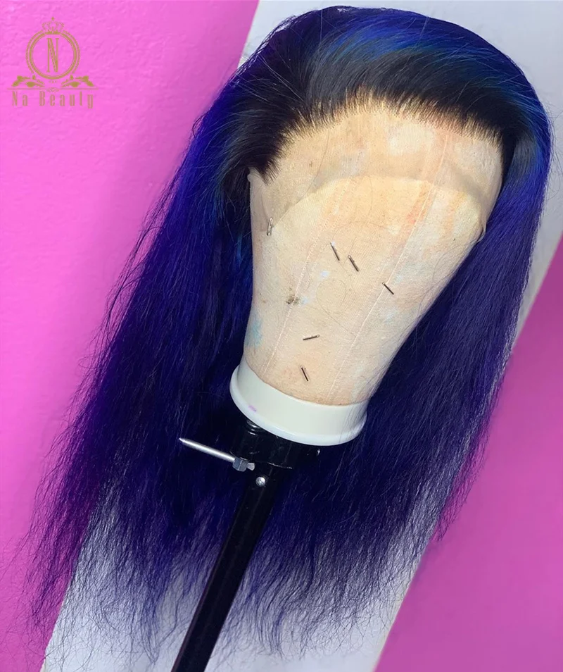 Темно-синие человеческие волосы парики 13x6 кружевные передние человеческие волосы парики Королевский синий 1b синий Омбре человеческие волосы парик прямой женский Remy Черный конец