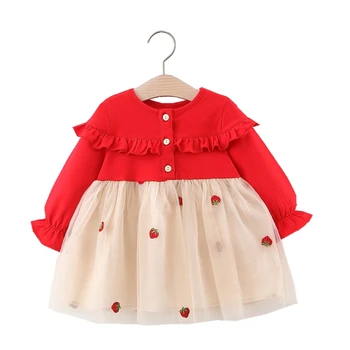 

Infant Clothing For Ruffles Baby Girl Dresses Party And Wedding Toddler Red Long Sleeve Strawberry Net Gauze Veil Princess Dress