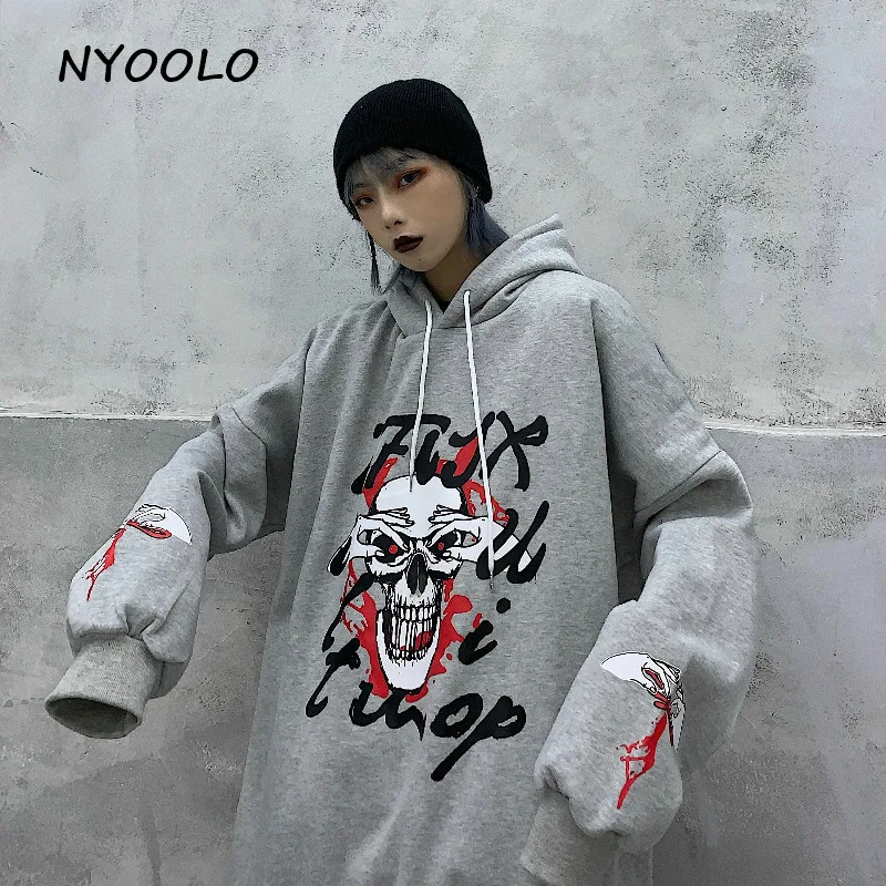 NYOOLO, Harajuku, уличная одежда, Череп, буквы, принт, свободные, теплые толстовки, Осень-зима, плюс бархат, пуловер, толстовка с капюшоном, для женщин и мужчин