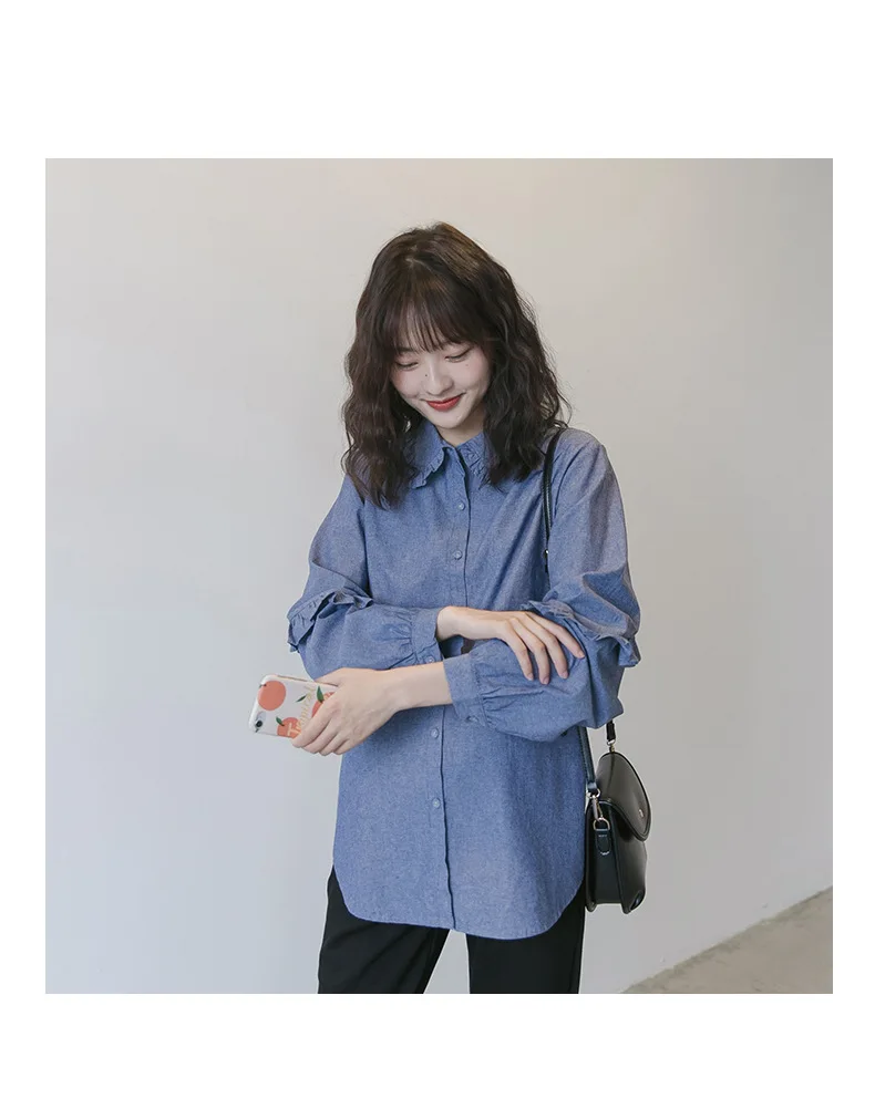 Maternity Long Sleeve Solid Color Cowboy Blouse Elegant SpringAutumn Pregnant Women Loose Shirts Single-Breasted Pregnancy Tops