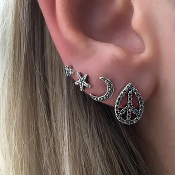 

New Products Five-pointed Star Moon 4 Pieces in a Set Ear Stud Heart Shape Set Combination Earrings