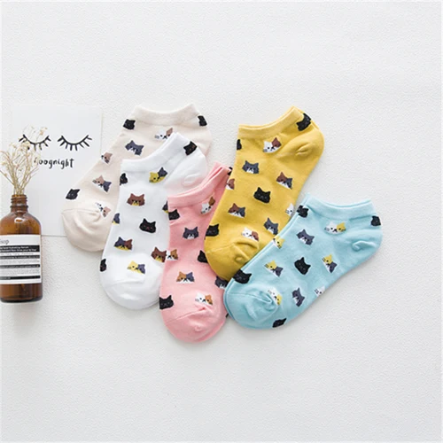 만화 동물 고양이 곰 줄무늬 짧은 양말, 귀여운 재미있는 양말, 여성 캐주얼 코튼 소녀 발목 양말, 5 스타 패션, 5 쌍 6