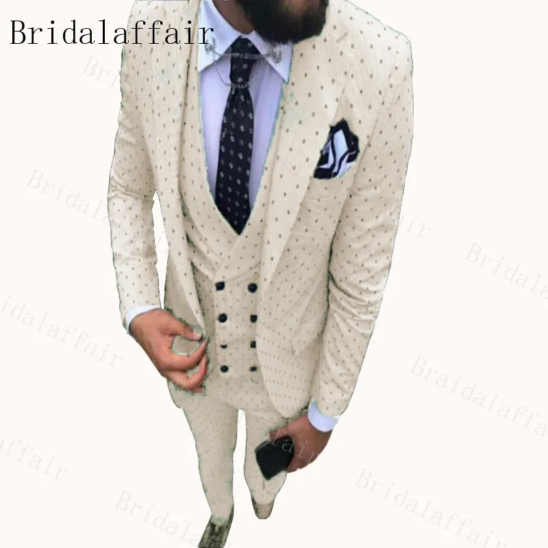 Bridalaffair, мужской костюм Poika в горошек, 3 предмета, желтый/серый/бежевый/белый/небесно-голубой смокинг с тупым углом, Женихи, мужские свадебные/вечерние - Цвет: ivory