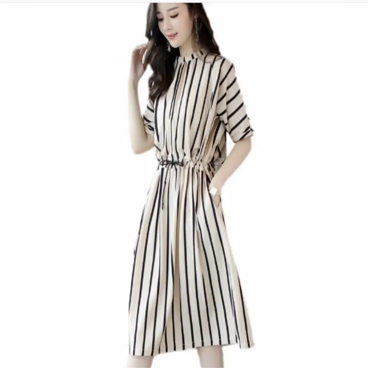 

2019 Summer Ozhouzhan New Style Lace-up Vertical Striped Summer Slim Fit Slimming WOMEN'S Dress Loose-Fit Mid-length Dress