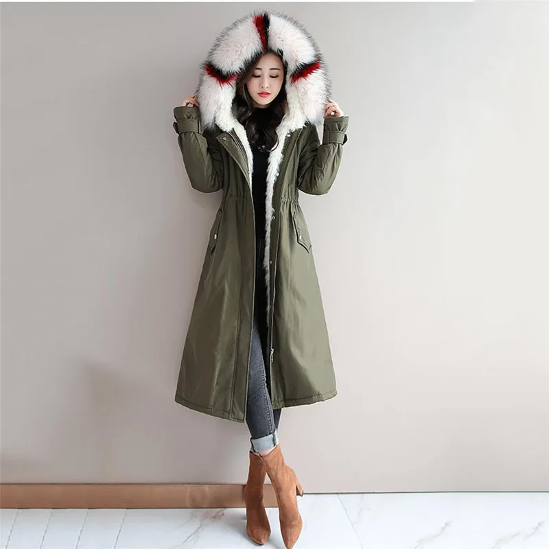 Длинное зимнее пальто парка Женская мода большой меховой воротник с капюшоном куртка размера плюс толстый теплый пуховик хлопковая куртка женская верхняя одежда 51