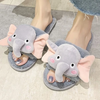 Zapatillas de interior de piel para mujer, zapatos planos con dibujos de animales, elefante, para dormitorio, Invierno 1