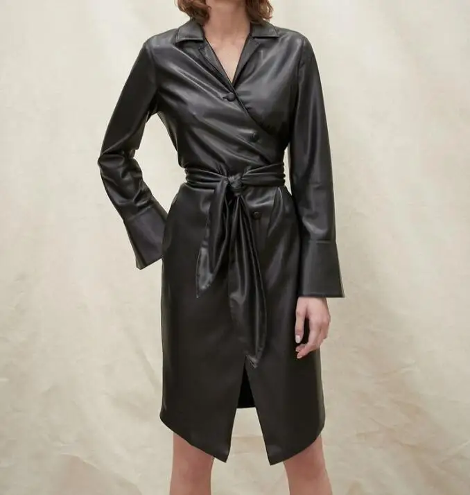 Действительно удивительный Ailsa SO SOFT Vegan Leather wrap мини-платье рубашка Colllar передние пуговицы Талия бант завязывается пояс с длинными рукавами