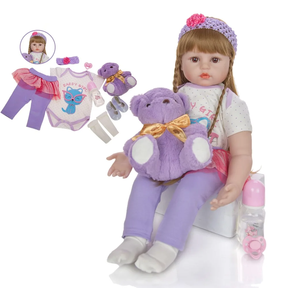Long hair 60CM bebe doll reborn toddler girl doll in purple dress stuffed body soft silicone realistic baby reborn toy gift