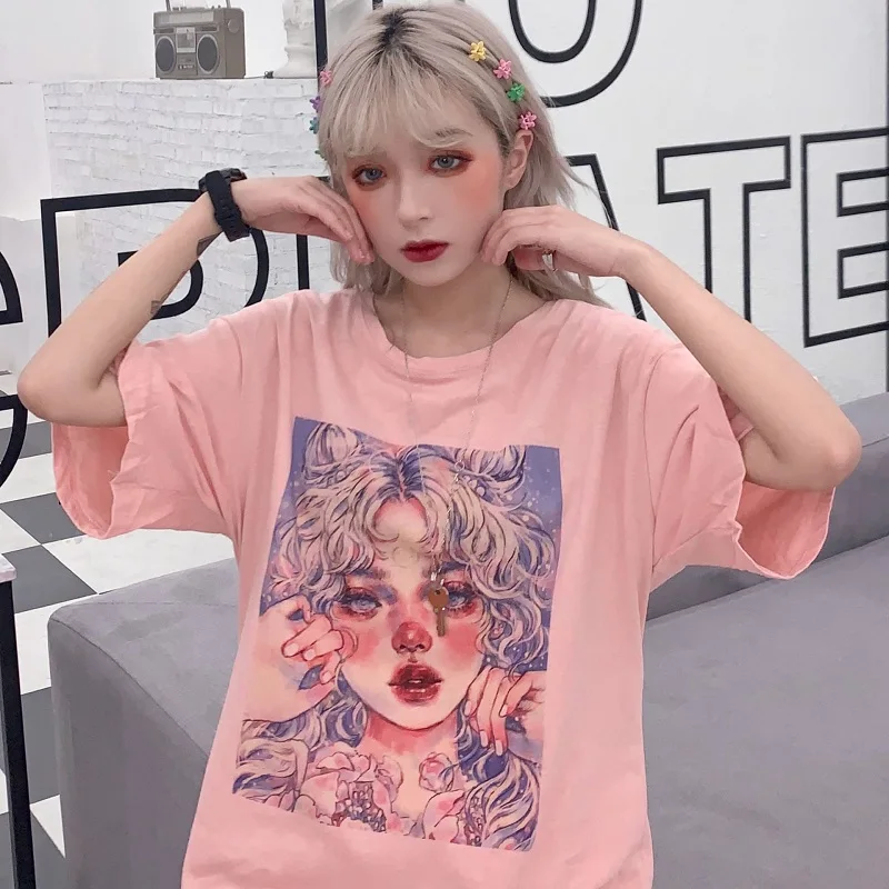 Ulzzang Сейлор Мун картина маслом Милый принт футболка женская летняя повседневная свободная BF Harajuku мода kawaii розовый мультфильм одежда