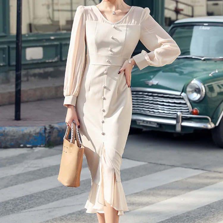 

2020 New Style Long Sleeve Slim Fit Mid-length Skirt Non-mainstream Waist Hugging Slit Fishtail Dress Women's