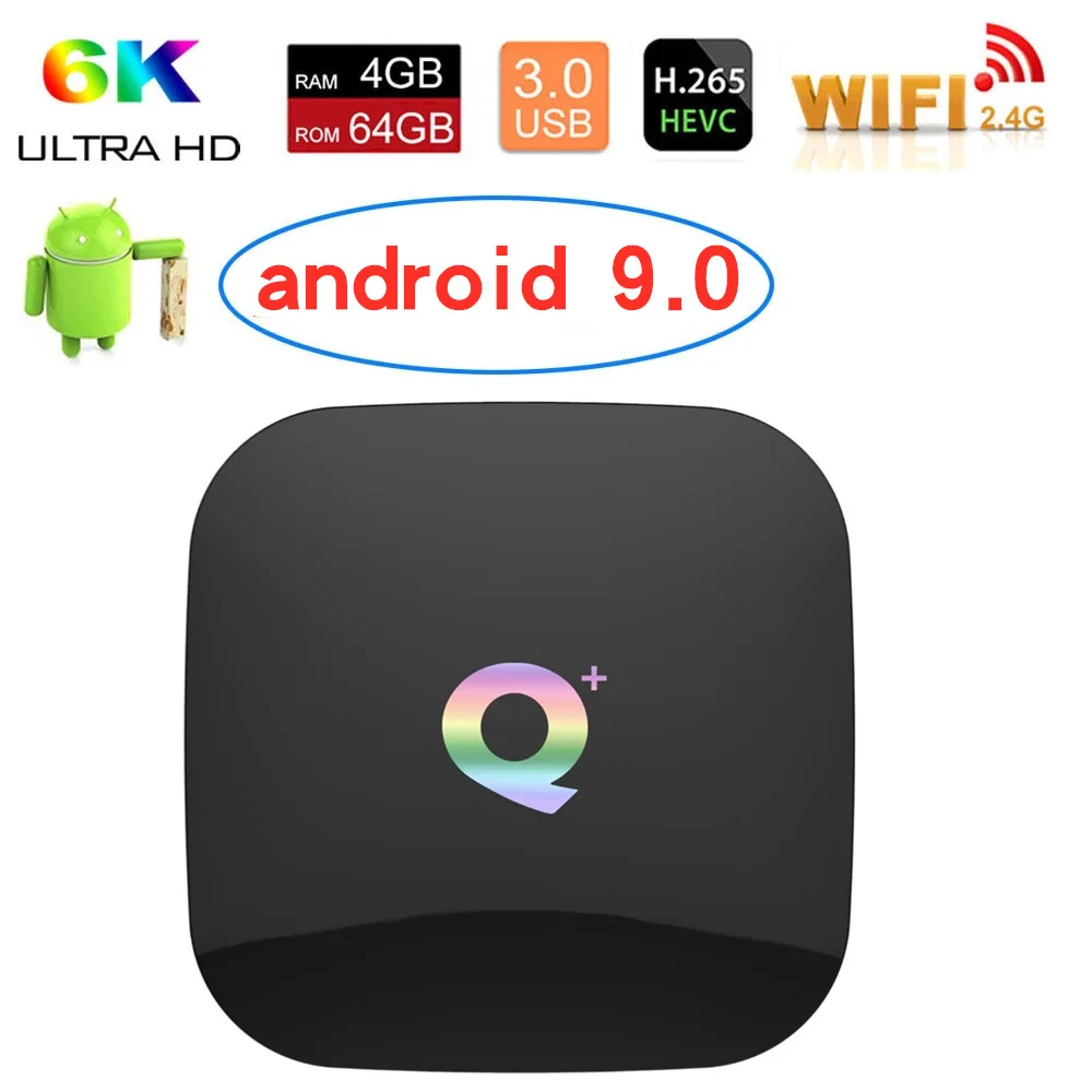 Q плюс Смарт ТВ коробка Android 9 0 4 Гб Оперативная память 32GB/64GB Встроенная ядра H.265 USB3.0