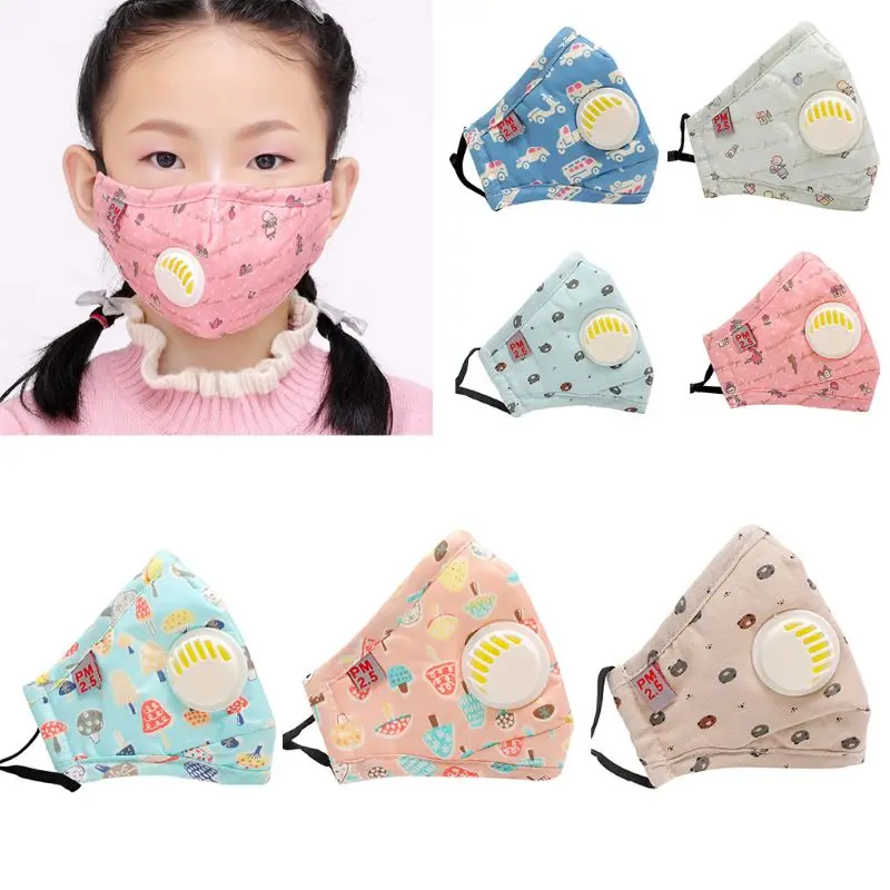 

Child Cotton Anti-Dust Mouth Mask Colorful Cartoon Car Bear Mushroom Printed PM2.5 5 Layer Filter Respirator With Breath Valve