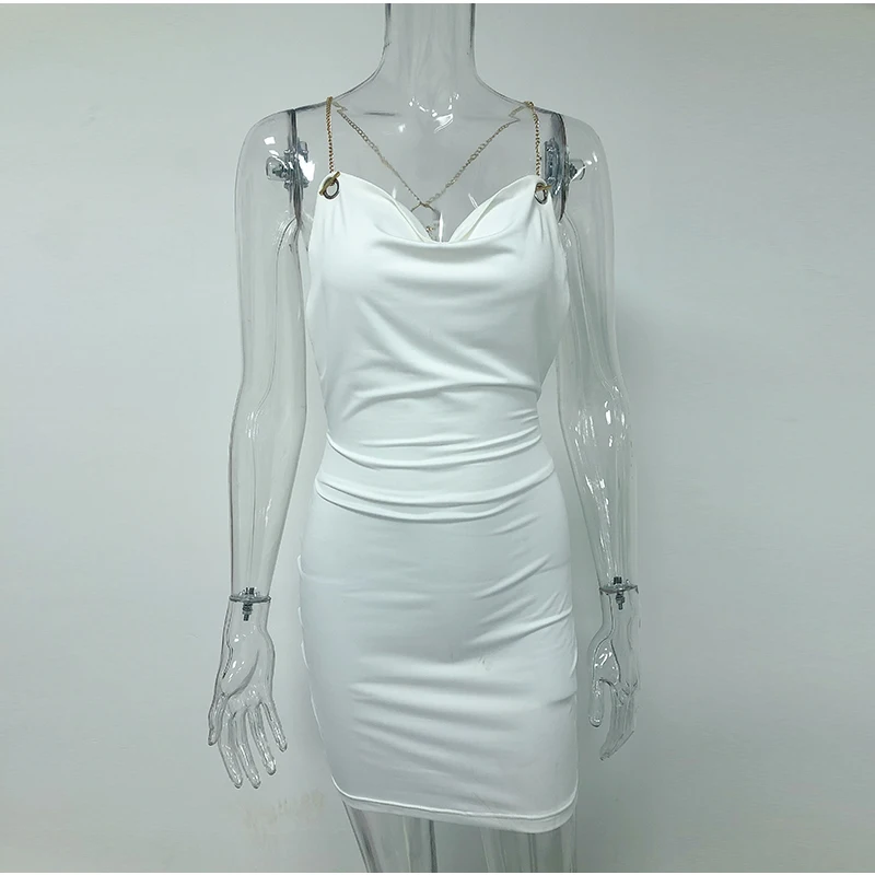 Двухслойные белые вечерние платья женские винтажные клобук шеи цепь ремней Bodycon атласное платье Клубная одежда открытая спина сексуальное платье