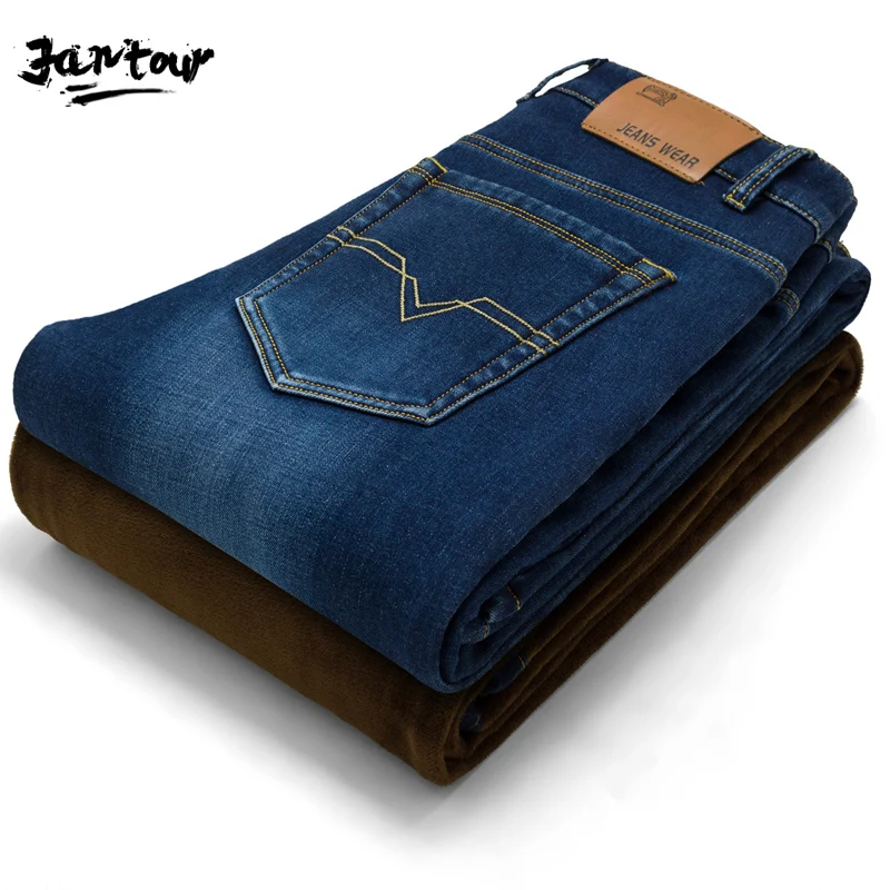 

2020 New Winter Men's Warm Blue Skinny Jeans Classic Style Stretch Slim Fit Thick Pants Fashion Trousers Male Brand 28-38