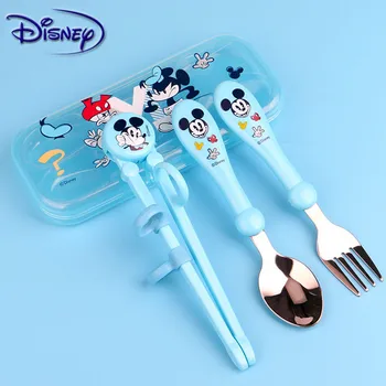 

Disney Baby Chopsticks+Spoon+Fork Feeding Food Tableware Cartoon Mickey Kids Dishes Eating Dinnerware Training Dinner Plate