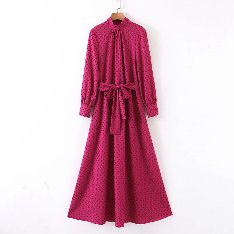 AGong Bow Dot Printed Dresses Women Fashion Casual O Neck Dress Women Elegant Long Sleeve Ankle Length Dresses Female Ladies LE